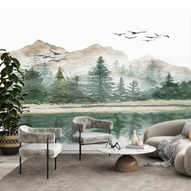 Imagem de Sufeasdf Papel de parede floresta mural verde sálvia montanhas floresta autoadesivo papel de parede rústico natureza paisagem pinheiro decoração de parede Bedromm parede removível papel de contato 350