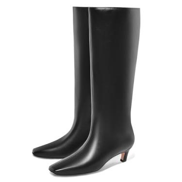 Imagem de Adrizzlein Botas Pretas De Cano Alto Femininas, Salto Gatinho, Bico Quadrado, Alto, Panturrilha Larga, Confortável, Tamanho Longo 8