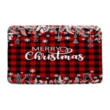 Imagem de Merry Christmas, tapete de banho vermelho preto búfalo xadrez azevinho inverno floco de neve bola de Natal arco feriado ano novo tapete de banheiro tapete de espuma de memória capacho (45 x 76 cm)