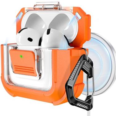 Imagem de RFUNGUANGO Capa protetora compatível com AirPods 4ª geração, compatível com Magsafe, trava automática magnética, com kit de limpeza, adequada para capa protetora Airpods 4 (2024) - laranja