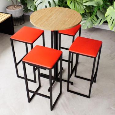 Imagem de Conjunto Mesa Alta Bar Bistrô Redonda Pinus 4 Bancos Estofado Industri