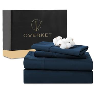 Imagem de Overket Lençóis de algodão egípcio tamanho casal 4 peças 1000 fios trama cetim macio respirável bolso profundo 40,6 cm (completo, azul marinho)