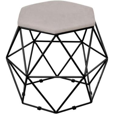 Imagem de Puff Decorativo Aramado Preto Six Linho Bege - Lyam Decor