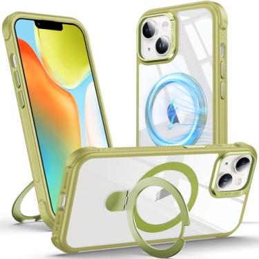 Imagem de Anqrp Capa transparente com suporte magnético O-Ring para iPhone 14/13, compatível com Mag-Safe, capa de telefone transparente anti-amarelamento reforçada de grau militar para iPhone 13/14, verde