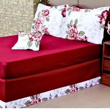 Imagem de Jogo de Cama Casal Queen 5 Peças: Saia de Cama Box + Capa de Almofada + Lençol de Baixo + Porta Travesseiros Estampados Rosê Cama Posta Decor (Vinho)
