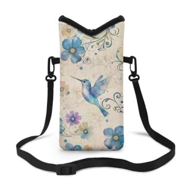 Imagem de Jeiento Bolsa tiracolo para celular azul floral beija-flor bolsa portátil de neoprene para celular bolsa de transporte para academia e treino