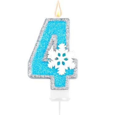 Imagem de Velas de aniversário com tema Frozen, decoração de festa, azul e prata, número 4, vela de feliz aniversário para bolo, decoração de topo de bolo de floco de neve para artigos de festa de 4 anos de