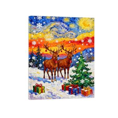 Imagem de Pinturas em tela Natal-Quadros Decoração de Parede-Árvore veado noite estrelada-Inverno Paisagens Impressões para Sala de Estar 60x80cm Tela Embrulhada