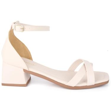 Imagem de Sandália Feminina Salto Bloco Geométrico Tiras Cruzadas Fivela Confortável Moda Tendência Blogueira (Branco, BR, Adulto, Numérico, 34)