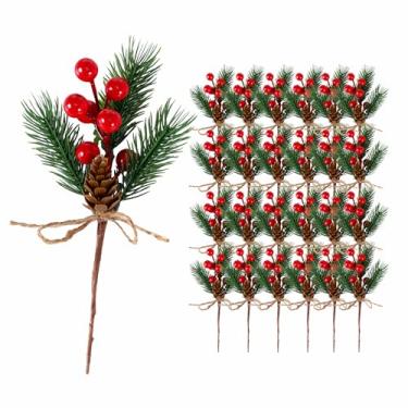 Imagem de ALAGIRLS 24 palhetas artificiais de Natal de frutas vermelhas com mini pinhas para artesanato, decorações de Natal falsas, guirlanda de outono para decoração de mesa de aniversário e casamento
