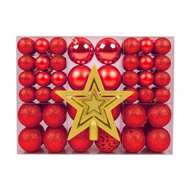 Imagem de Kit 100 Bolas de Natal + Estrela de Topo LEEBOOM Enfeites para Decoração Natalina Bolinhas Lisas e com Glitter (Vermelho)