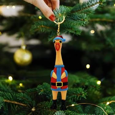 Imagem de Ornamentos de Natal de galinha com chapéu espremendo de borracha para pendurar, decorações de Natal com chaveiro para decoração de manto de lareira de árvore de Natal em ambientes internos e externos