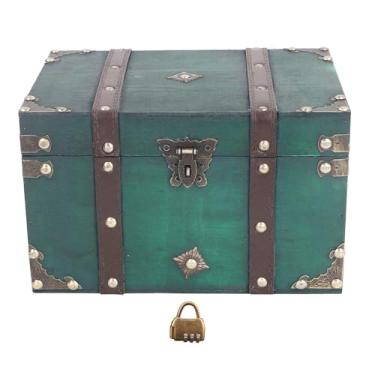 Imagem de Caixa de armazenamento de madeira vintage antiga, elegante organizador de joias decorativo com trava de grande capacidade, armazenamento seguro para acessórios de joias, verde esmeralda, 23 x 17 x 16