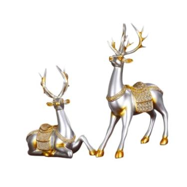 Imagem de FLCPJGV 2 Peças Estátua de Veado Escultura de Rena Estatueta de Alce Ornamento de Resina com Chifres Elegante para Sala de Estar Decoração de Prateleira de Es, Lasca, Tamanho real