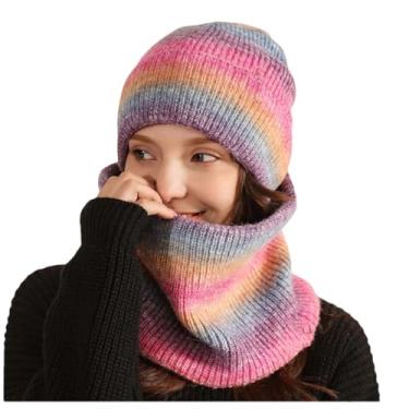 Imagem de Conjunto de cachecol feminino, cor gradiente, felpudo, gorro de malha, gorros de lã grossa, gorro de malha, gorro quente, tamanho único