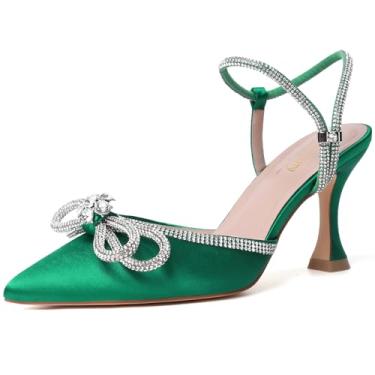 Imagem de Susanny Sapato feminino fechado Rhinstone casamento salto baixo slingback transparente gatinho, tira ajustável, bico fino, salto alto, vestido de formatura, Verde patente, 39