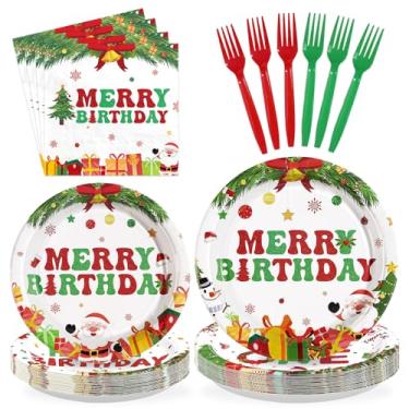Imagem de Greencian 96 peças de artigos de festa de aniversário, Natal, vermelho, verde, boneco de neve, Papai Noel, pratos e guardanapos, descartáveis, conjunto de utensílios de mesa de feliz aniversário para