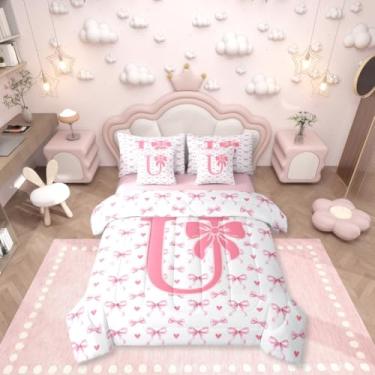 Imagem de Erosebridal Jogo de cama solteiro com letra U com letra U | Conjunto de edredom solteiro com laço rosa para meninos e meninas, crianças, com lençol de cima e lençol com elástico, monograma, decoração