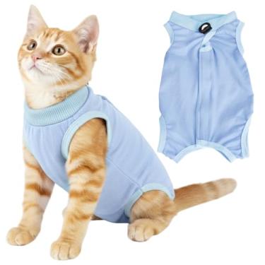 Imagem de Traje de recuperação de gatos, macacão respirável para gatos após a cirurgia, body body para gatinhos para mulheres, feridas abdominais, doenças de pele, gola eletrônica, roupa alternativa (azul