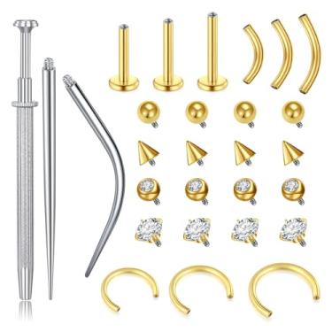 Imagem de VCMART Kit de piercing de estilo misto de rosca interna para cartilagem, tragus, hélice, nariz, septo, lábio, labret, barriga, sobrancelha, torre, daith, piercing de concha com piercing cônico