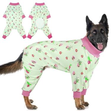 Imagem de OUOBOB Pijama de cachorro com 4 pernas para cães de médio e grande porte – macacão de algodão macio com elasticidade nas 4 direções, confortável e respirável para clima frio e descanso interno - Verde