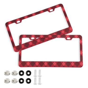 Imagem de Wassud Argyle Red Argyle Moldura decorativa de alumínio para etiqueta de carro, pacote com 2, suporte universal para placa de licença para carros padrão dos EUA