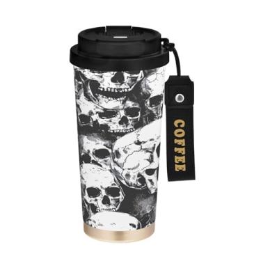 Imagem de STAYTOP Copo de café de aço inoxidável de 500 ml, caneca de café de viagem com isolamento de caveira fofa com tampa, xícara de café à prova de derramamento, copos portáteis reutilizáveis para bebidas