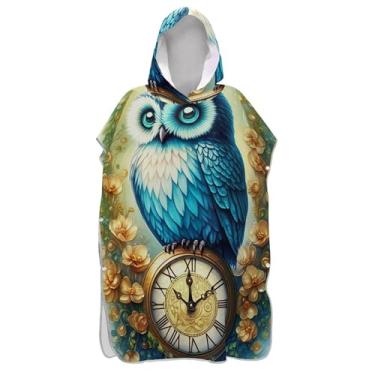 Imagem de Poncho de surfe para adultos trocador de roupa de praia com capuz toalha de banho plus size ponchos adultos para mulheres arte de coruja azul