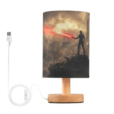 Imagem de Joisal Luminária de mesa de leitura de herói com espada vermelha no penhasco com porta USB Candeeiro de cabeceira, luminária lateral