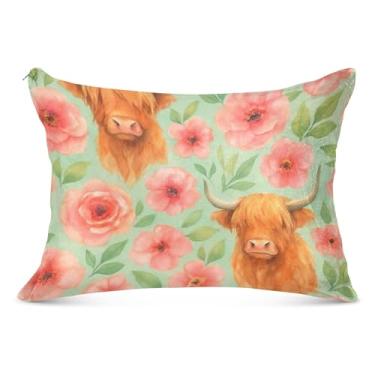 Imagem de Cute Highland Cows Pink Flowers Capas de travesseiro decorativas flanela padrão queen king travesseiro de cama fofa macia capa de travesseiro de cama, tamanho Queen, 50,8 cm x 76,2 cm