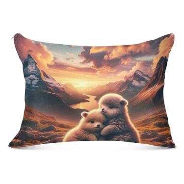 Imagem de Adoráveis ursos polares montanha pôr do sol fronha com zíper poliéster padrão queen king travesseiro bonito decoração de casa fronhas de cama, tamanho Queen, 50,8 cm x 76,2 cm