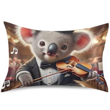 Imagem de Lindas capas de almofada de cetim arte violinista koala almofada refrescante padrão King Queen capas de travesseiro desenho animado sonolento, tamanho Queen, 76,2 cm x 50,8 cm
