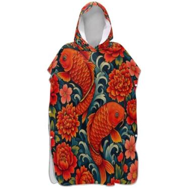 Imagem de Joisal Roupão para adultos poncho de surfe praia banho com capuz plus size tradicional japonês koi peixe masculino poncho com capuz