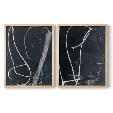 Imagem de Renditions Gallery Conjunto de 2 impressões emolduradas para destacar e colar, arte de parede abstrata, traços de giz em tela preta, adesivo - pronto para pendurar - 20 x 25 cm - moldura natural LT608