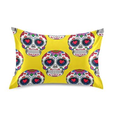 Imagem de Fronhas de cetim engraçadas refrescantes personalizadas padrão queen king fronha de cama cuidados com a pele tamanho queen 76.2 cm x 50.8 cm crânios coloridos floral amarelo