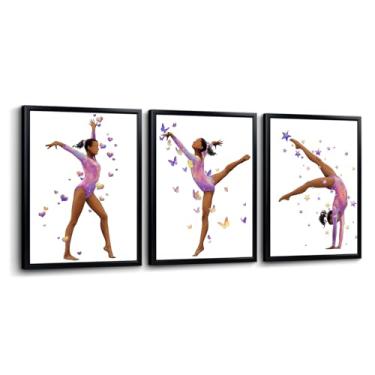 Imagem de iHAPPYWALL 3 peças de arte de parede de ginástica para quarto de meninas abstrato exercício ginasta imagens de arte para sala de treinamento academia decoração de banheiro moldura preta
