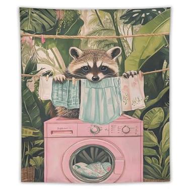 Imagem de Tapeçaria engraçada de guaxinim para lavanderia, animal fofo, pendurar na parede, folhas tropicais, lavadora, secadora, decoração para área de lavanderia, apartamento, dormitório, presente, decoração