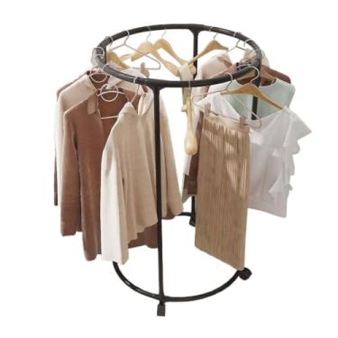 Imagem de Expositor de cabide circular giratório com rodízios para loja de roupas, suporte metálico ajustável para organização e exposição prática (Preto)