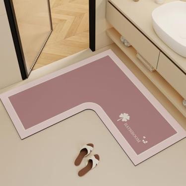 Imagem de 1 tapete de banheiro em forma de L, tapete de chuveiro de canto antiderrapante, tapete de banho fino absorvente de água, tapete lavável para chuveiro quadrado, banheira, banheiro (rosa, 79 x 79 x 35