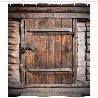 Imagem de Cortina de chuveiro de porta de madeira rústica vintage retrô celeiro fazenda rural tecido tábua de banheiro decoração conjuntos de cortinas ganchos 260 x 200 cm/LxA cortina de banho