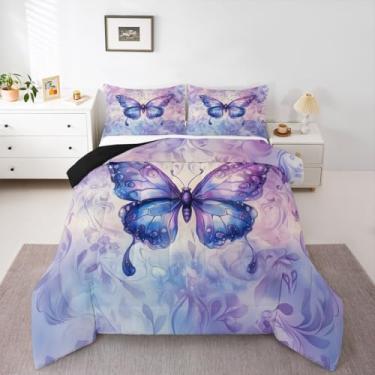 Imagem de Erosebridal Jogo de cama casal com borboleta, roxo, azul, borboleta, flor, boêmio, triplo, para jardim, botânico, rústico, fazenda, macio, quente