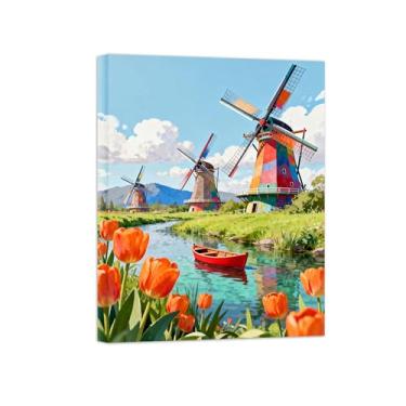Imagem de Pôster paisagem - Flores moinho vento holandesas - Impressões em Tela - Imagem Natureza Moderna para Sala de Estar Decoração 40x50cm Tela Embrulhada