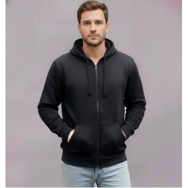 Imagem de Blusa de Frio Masculina Casaco de Moletom Zíper e Capuz - L7, Preto, P