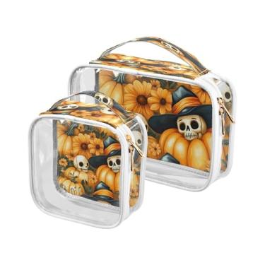 Imagem de xigua Bolsa de maquiagem feminina de abóboras laranjas e flores, bolsa transparente para cosméticos de viagem, bolsa de higiene portátil à prova d'água para viagens, férias, organização de banheiro