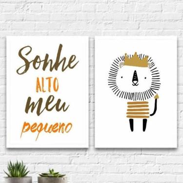 Imagem de Kit 2 Quadros Infantil Leãozinho Sonhe Alto 33X24Cm Branca