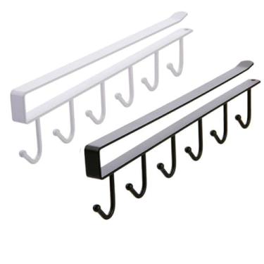 Imagem de NevStp Prateleira de armazenamento com 6 ganchos, armário de metal, embaixo das prateleiras, canecas, banheiro, cozinha, organizador para pendurar, 6 ganchos, 2 peças mistas