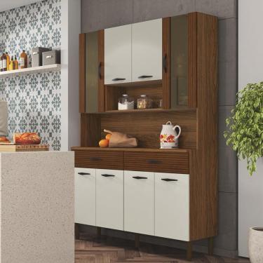 Imagem de Armário De Cozinha Compacta 8 Portas 2 Gavetas Golden - Nogueira-off White-cp-ripado Nogueira-off White-cp-ripado