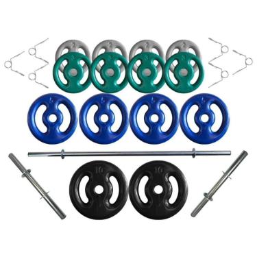 Imagem de Kit de Anilhas Emborrachadas 60 Kg + 02 Barras de 40cm + 01 Barra de 150cm-Unissex