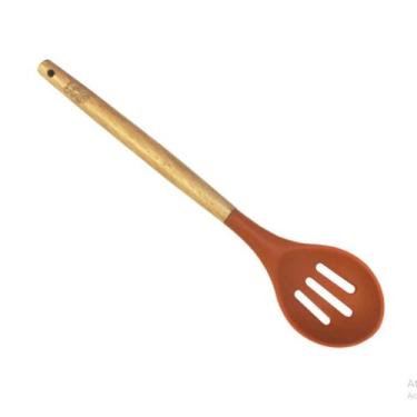 Imagem de Escumadeira Cucina de silicone com cabo em madeira A31,5cm terracota -
