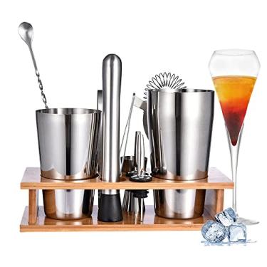 Imagem de FUYTERY 11 peças Boston bar barman kit coqueteleira conjunto de aço inoxidável com bandeja de bambu elegante